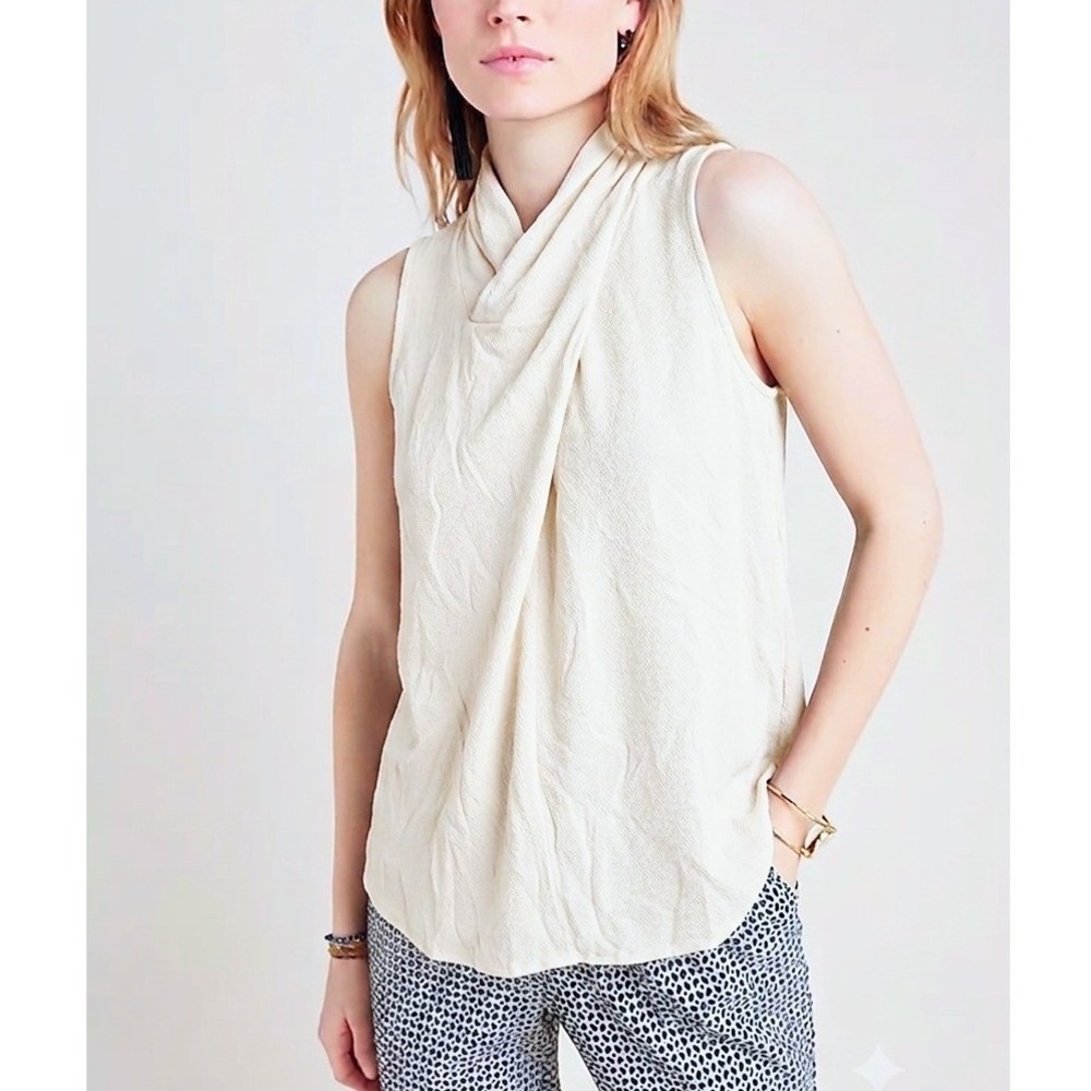 Anthropologie Maeve Raven Surplice Neck Sleeveless Button Back Blouse Cream 14
